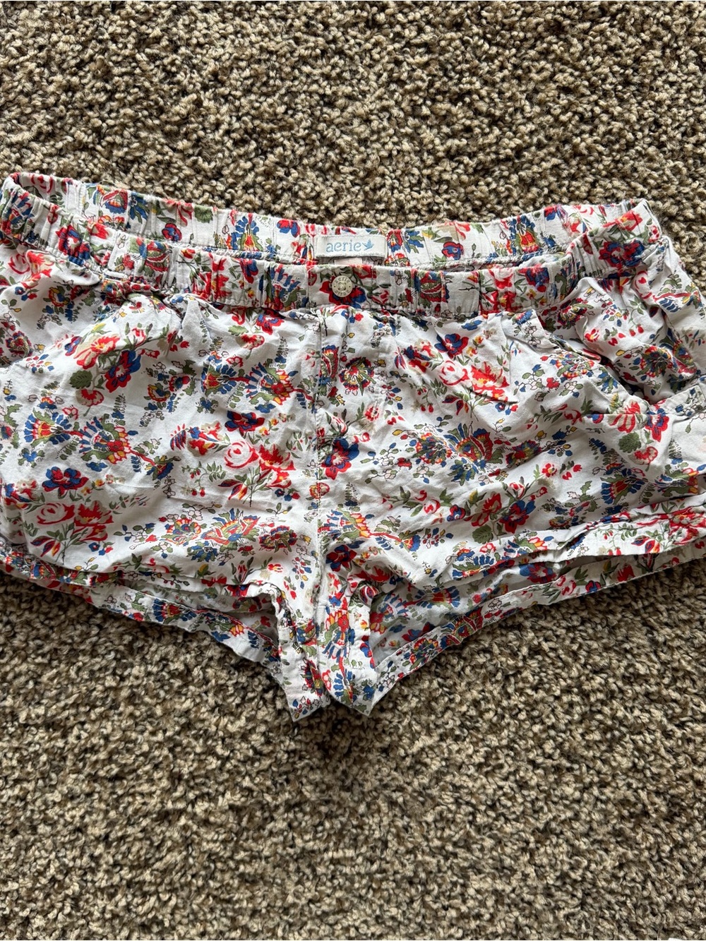 Y2K vintage aerie White Floral Cotton Sleep Shorts with Multicolor Print